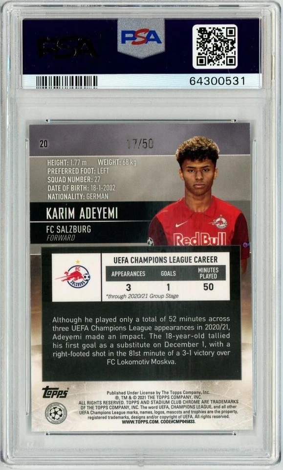 Karim Adeyemi  2020-21 Topps Stadium Chrome UCL #20 Gold Refractor 17/50 [PSA10] - Image 2 of 2
