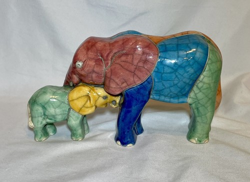 South African Raku Pottery Mother and Baby Elephants Loving Moment GORGEOUS! - Picture 5 of 11