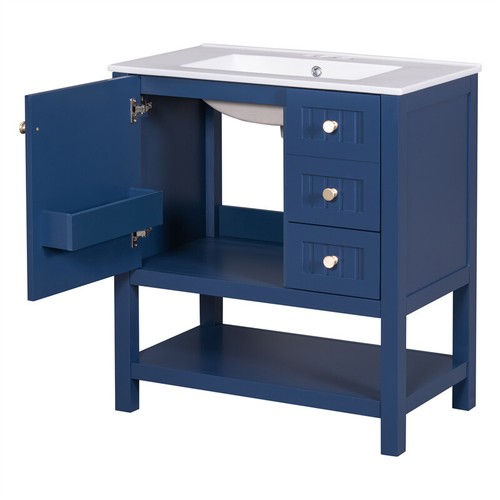 30" Bathroom Vanity Cabinet Combo Drop in Ceramic Sink faucet Drain-Blue - Picture 16 of 22