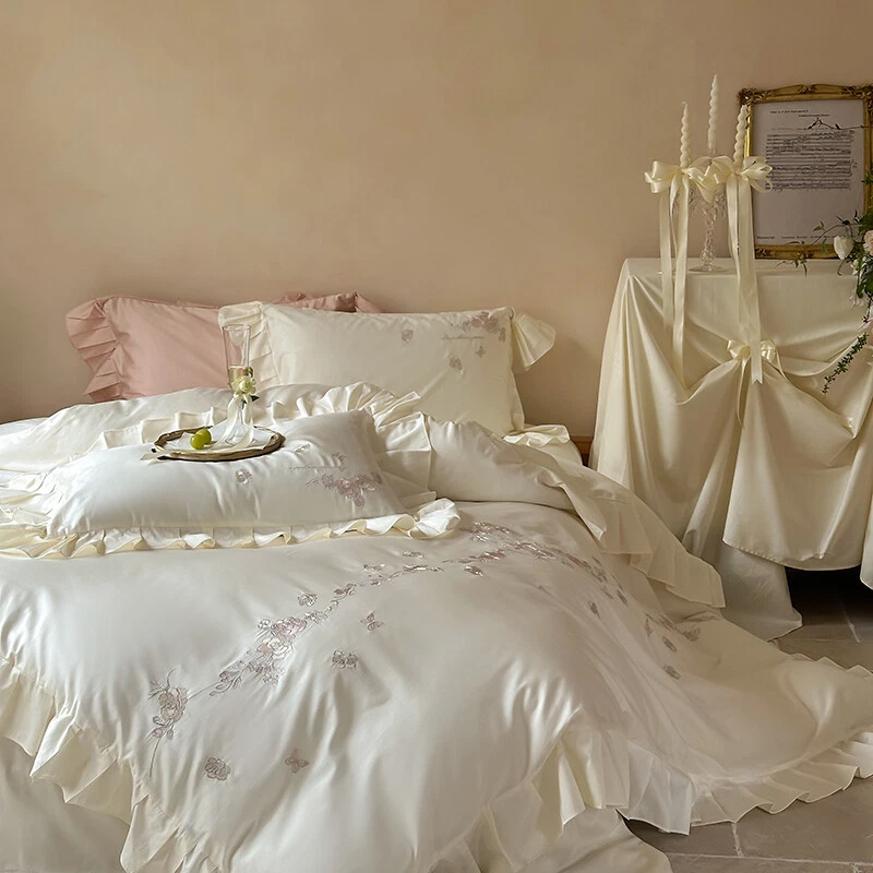 Bedding Set 4 Pieces Embroidery Rose Flower Duvet Cover Flat Sheet 2 Pillowcases - Image 3 of 4