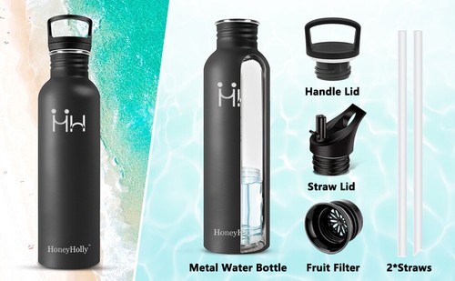 Water Bottle Stainless Steel Metal with Straw Filter BPA Free GYM School 2 Lids - Picture 49 of 78