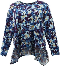 LOGO Lounge Lori Goldstein Terry Top Chiffon Hem Vallarta Blue L NWOT (902)