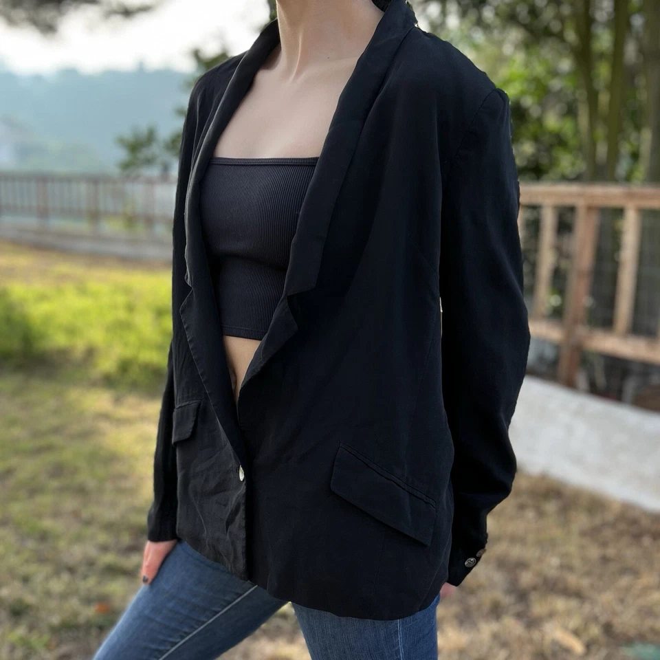 L.A.M.B. Blazer Gwen Stefani Mujer 10 Negro Chaqueta Seda Alto Bajo Raro Y2K Rocker Foto 2 de 4