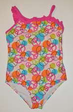 Girls Size 14  Pink White Orange Peace One Piece Swimsuit