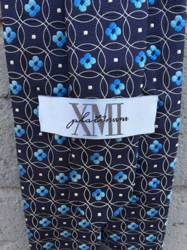 XMI Platinum Silk Tie Blue Floral Geometric Pattern L60" W3-5/8" - Picture 7 of 8