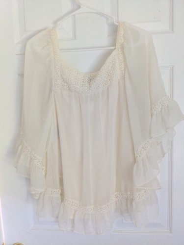 Silk & Lace Floral Blouse Cream Neutral Boho Artsy Drape Muted Whimsical Breezy - Picture 5 of 11