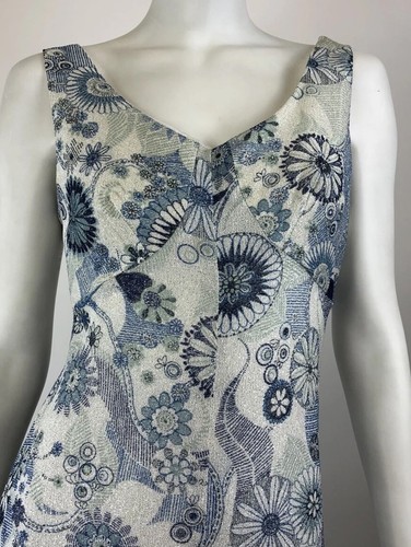 Vintage Orig 1960s Blue Silver Metallic Retro Abstract Print Mini Dress UK 8-10 - Picture 5 of 14