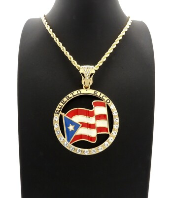 Hip Hop Iced Gold Pt Puerto Rico Flag Pendant 4mm 24 Rope Chain Necklace - Puerto Rico Pendant Gold
