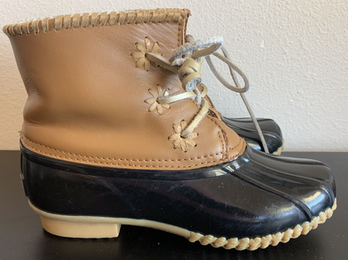 Jack Rogers Rain Duck Boots Fleece Lined Dark Brown Tan Leather Womens 6 VGC - Picture 2 of 8