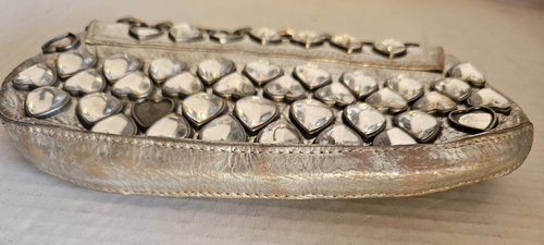 Betsey Johnson Silver Rhinestones Crystal Heart Stones Purse with Chain Strap - Picture 5 of 12