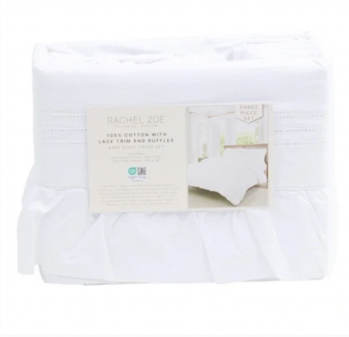 3pc Rachel Zoe White Ruffle Eyelet Lace KING Duvet Cover Sham Set Cotton Cottage - Picture 2 of 7