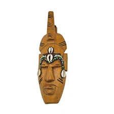 VTG African Tribal Mask Hand Carved Wooden With Cowrie Shell Bead Embellishment
