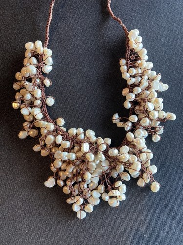 Genuine Freshwater Pearl Necklace statement bib necklace knotted garland - Picture 3 of 10