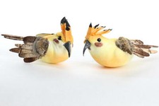 Set of 12 Vibrant Yellow Crested Mushroom Birds with Natural Bark Wings