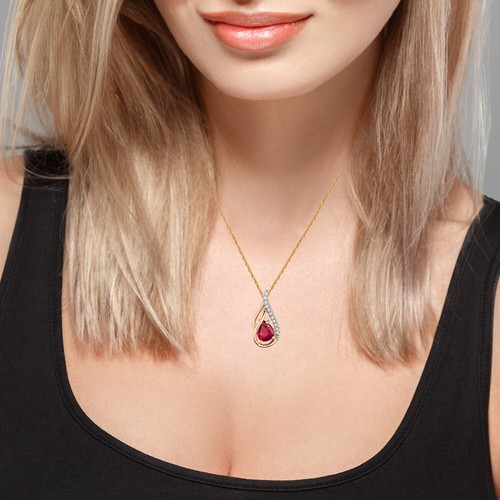 Collar colgante de gota de halo y rubí y diamante oro amarillo de 10 K genuino en forma de pera - Imagen 4 de 5