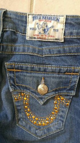 TRUE RELIGION Damenjeans gerade gold Pailletten Pattentasche Stretch Gr. 24 (x 29) - Bild 5 von 11