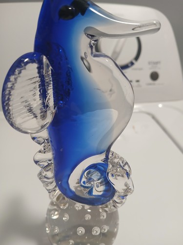 MuranoStyle Paperweight Hand Blown Art Glas Aqua CobaltBlue Nautical Seahorse 8" - Picture 3 of 12