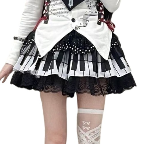 Stylish Piano Key Pattern Skirt Soft Lace Trim Cake Skirt For Sensitive Skin - Picture 2 of 13
