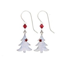 Silver Forest White Christmas Tree with Red Star and Bead Dangle Earrings