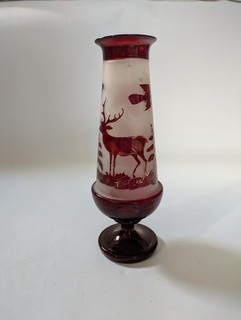Vintage Bohemian Ruby Red Flashed Glass Pedestal Vase Etched Stag Deer Bird