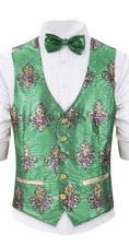 Mardi Gras Fleur De Lis Sequin Vest Party V-neck Shiny Waistcoat Bow tie Size XL