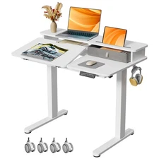 White Standing Desk，60° Tiltable Height Adjustable Electric Rising Desk，40Inc...