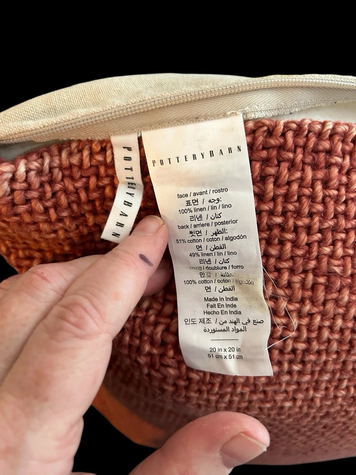 POTTERY BARN Throw Pillow Coral Linen Hopsack Basketweave Woven 20 x 20 Cottage - Image 4 of 4