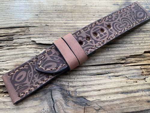 24 mm handgefertigtes Leder Uhrenarmband, Maori Tattoo, Panerai, graubraun - Bild 8 von 9