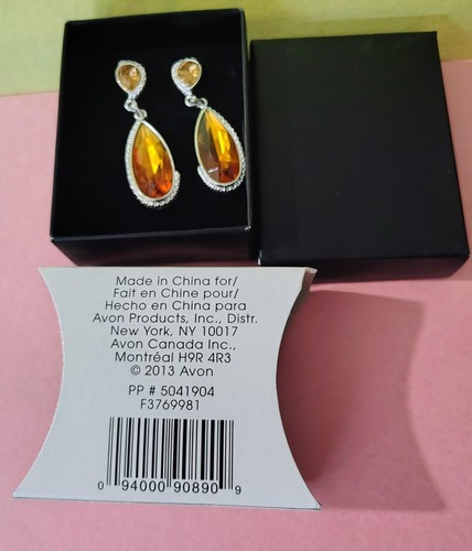 Avon Autumn Colors Drop Earrings Orange Teardrop Crystal Silver Tone Boxed Gift - Picture 8 of 12