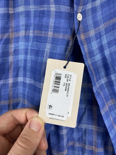NUOVA camicia uomo Peter Millar Ashore 100% lino blu a quadri bottoni davanti 2XL nuova con etichette - Foto 6 di 9