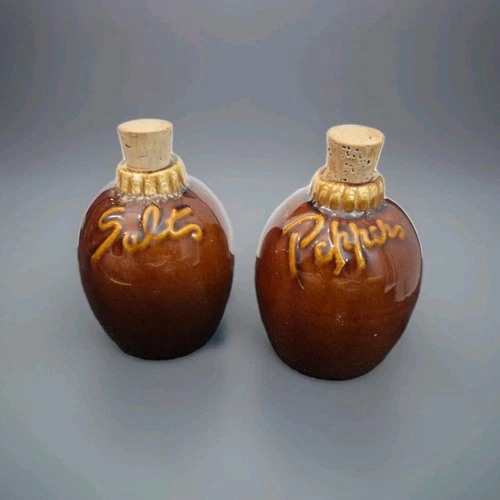 Hull Salt & Pepper Set Made In USA - Brown Drip Glazed Oversized Ceramic 1960's