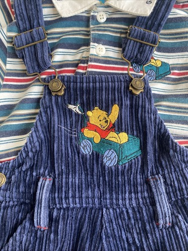 Vintage Winnie the Pooh Blue Corduroy Overalls & Matching Striped Bodysuit 24M - Picture 2 of 20