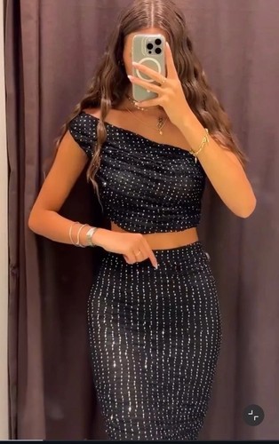 ZARA NEU DAMEN SPITZE MIDI ROCK MIT STRASSSTEINEN & PASSENDEM TOP Co Ord Set GRÖSSE S - Bild 4 von 12