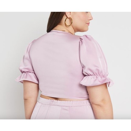 Eloquii NWT Dusty Pink Tie Front Satin Cropped Blouse Crop Top Ruffle Sleeve 20 - Picture 2 of 6