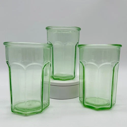 Anchor Hocking USA  Vintage AHC65 Green Paneled Glass Tumblers set of 3