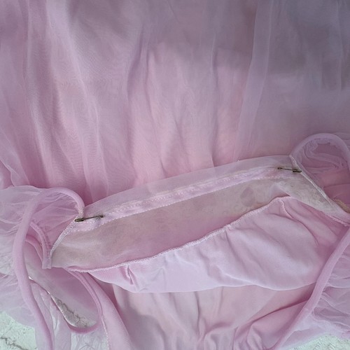 Vintage Nachthemd rosa Nylon Chiffon Lagenlook Spitze Schleifen bodenlang Gr. M Top Form - Bild 5 von 10