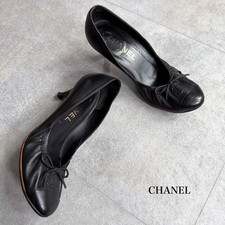Chanel Coco Mark Lambskin Heels Leather Black Size 35C US 5 Women