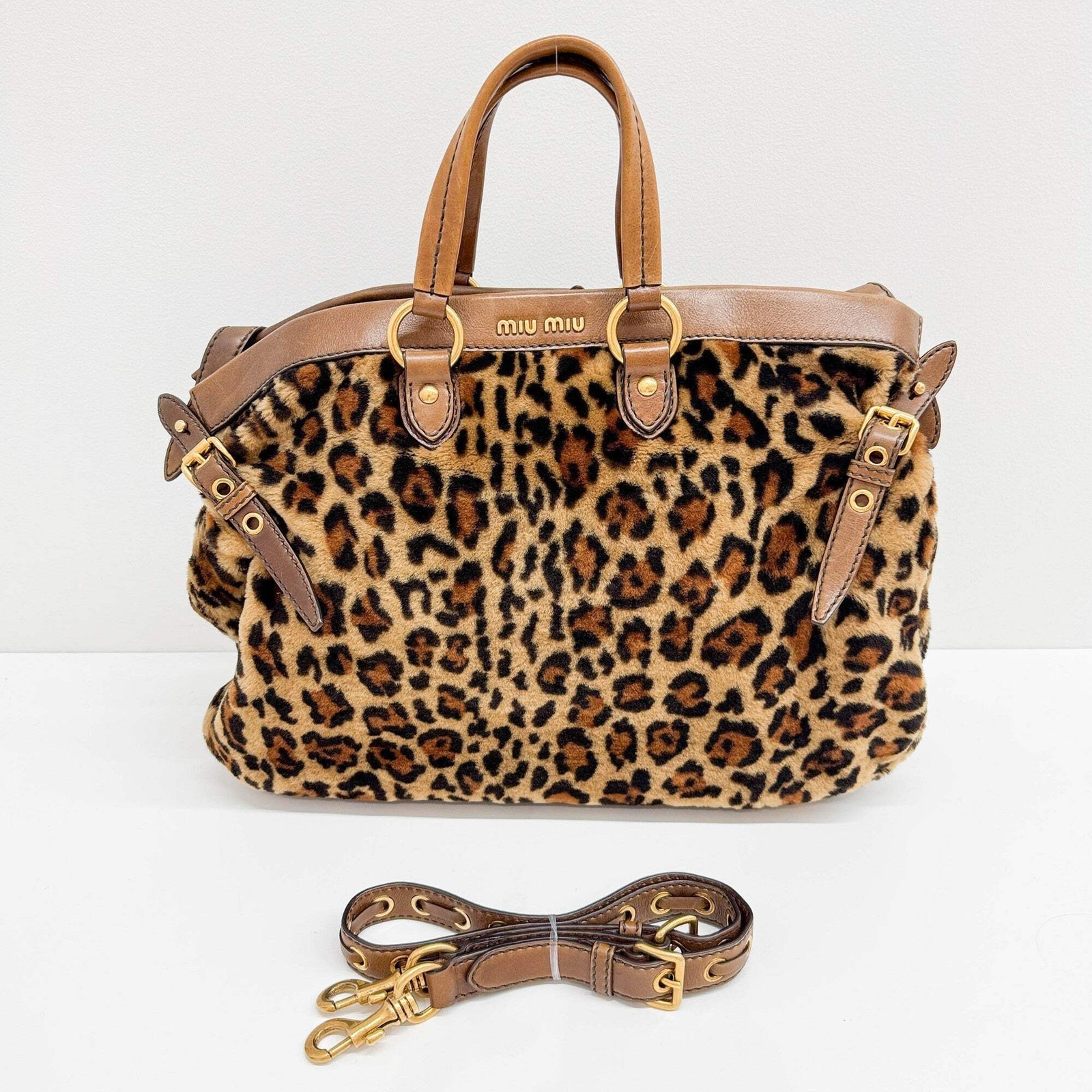 MIU MIU Brown Leopard Print Cut Wool Handle Bag — image 4