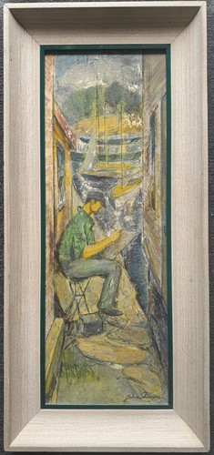 JOHN SHAYN(1901-1977) NEW YORK AMERICA WPA ERA OIL/PANEL "MAN/DOCK SCENE "