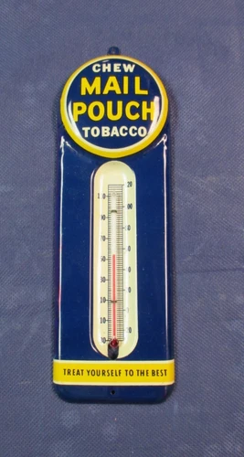 Vintage MAIL POUCH Tobacco Thermometer Tin Sign ~ Colors Look Nice ~ WOW~LQQK!