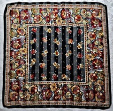 SCARF VINTAGE AUTHENTIC FLORAL ART SUMMER FLOWERS BLACK RED SILK 35"SQUARE