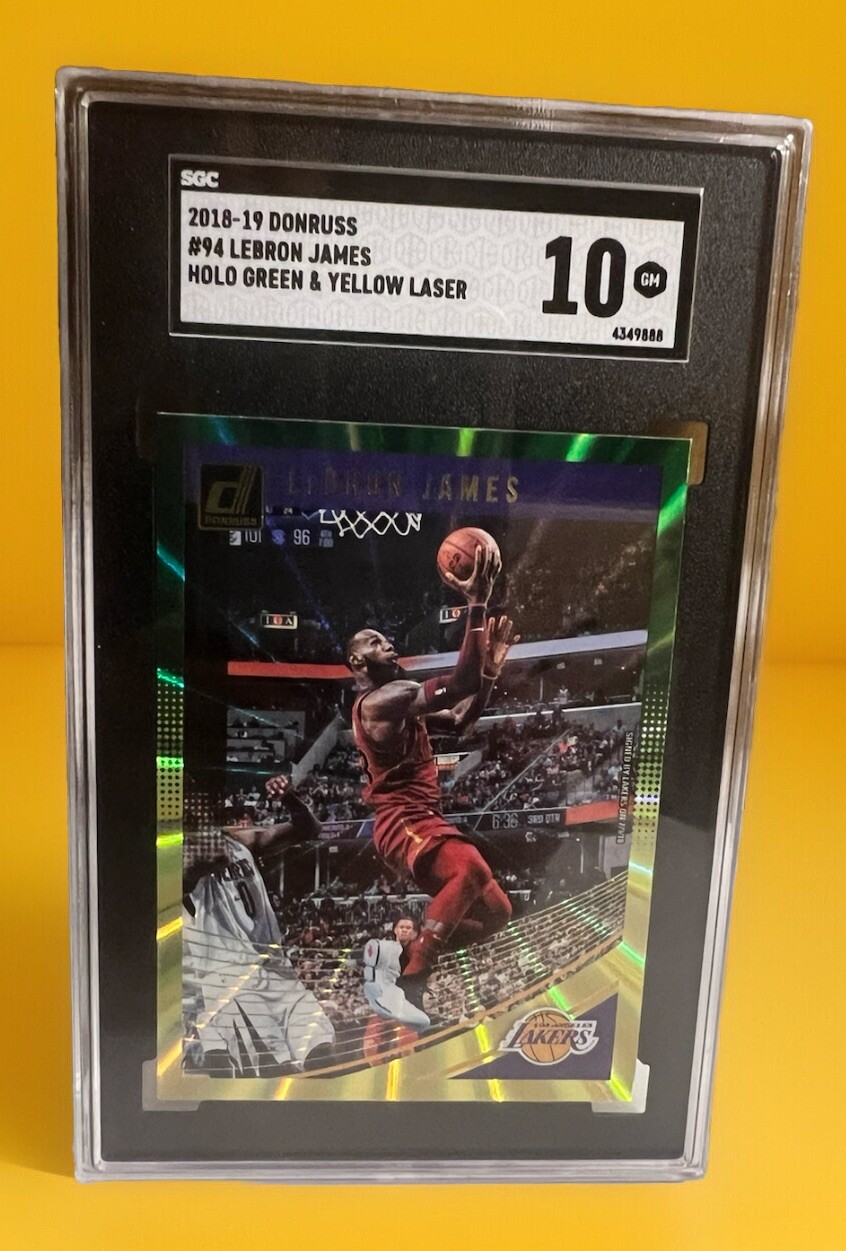 LeBron James 2018-19 Panini DonRuss Holo Green/Yellow Laser #94 GM 10
