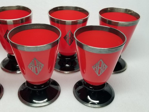 Set of 9 Tango Red/Black Czech Art Deco Glass Tumblers W/ Sterling Overlay - Picture 4 of 11