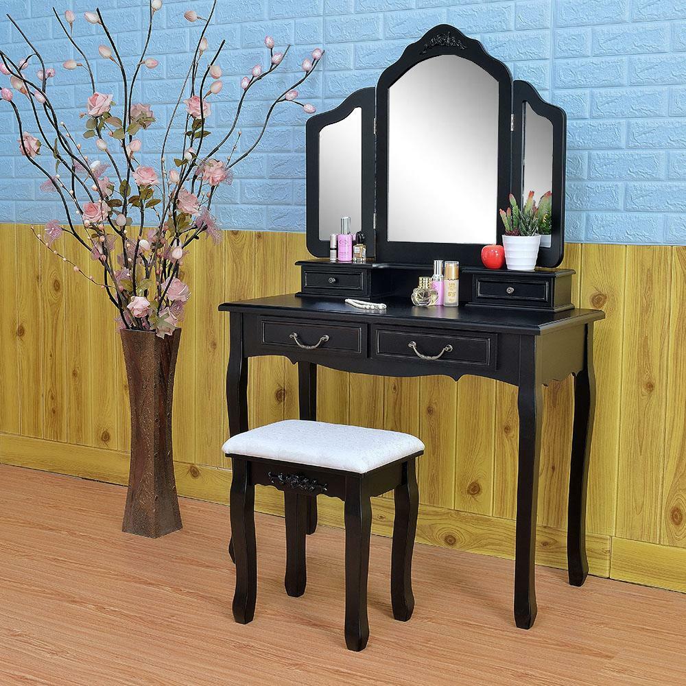 Vanity Makeup Table Stool Set Dressing Jewelry Desk 3 Drawer W Tri Fold Mirror