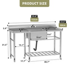 60 in Commercial Kitchen Sink Stainless Steel with 1 Compartment 2 Drainboards