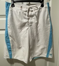 Hang Ten Men s Board Shorts Trucks White Turquoise Blue Waist 32 Size Small Flaw