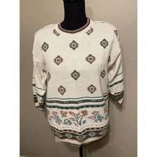 Vintage Knitmakers Made in USA Floral Knit Oversized Shoulder Pads Sweater Small