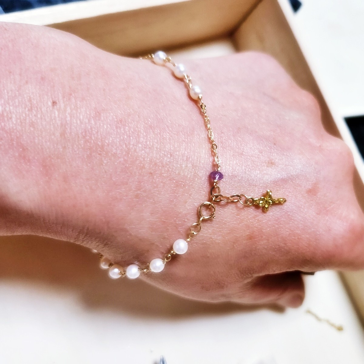 14K solid gold pearl rosary Bracelet by estherleejewel eBay