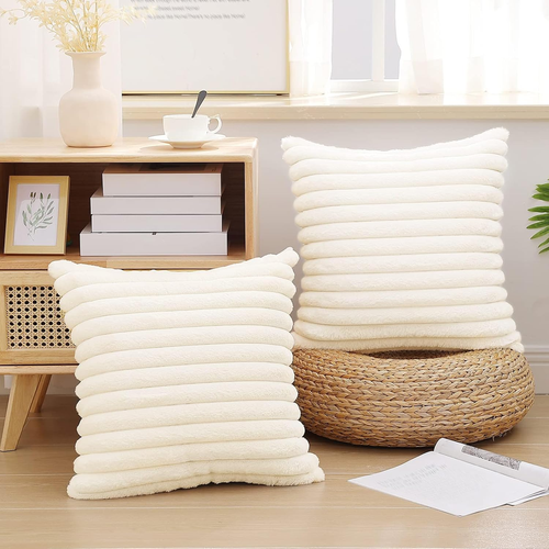 Faux Fur Plush Throw Pillow Covers 18X18 Set of 2, Luxury Soft Fluffy Striped De - Picture 2 of 12