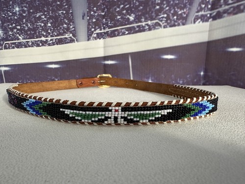Vtg Leather Thin Belt Thunderbird Beaded Western Native American Phoenix Child - Picture 1 of 13